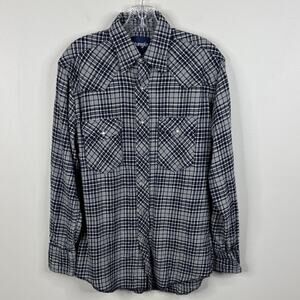 Wrangler Men's M Western Pearl Snap Shirt Black Gray Plaid Long Sleeve Cowboy